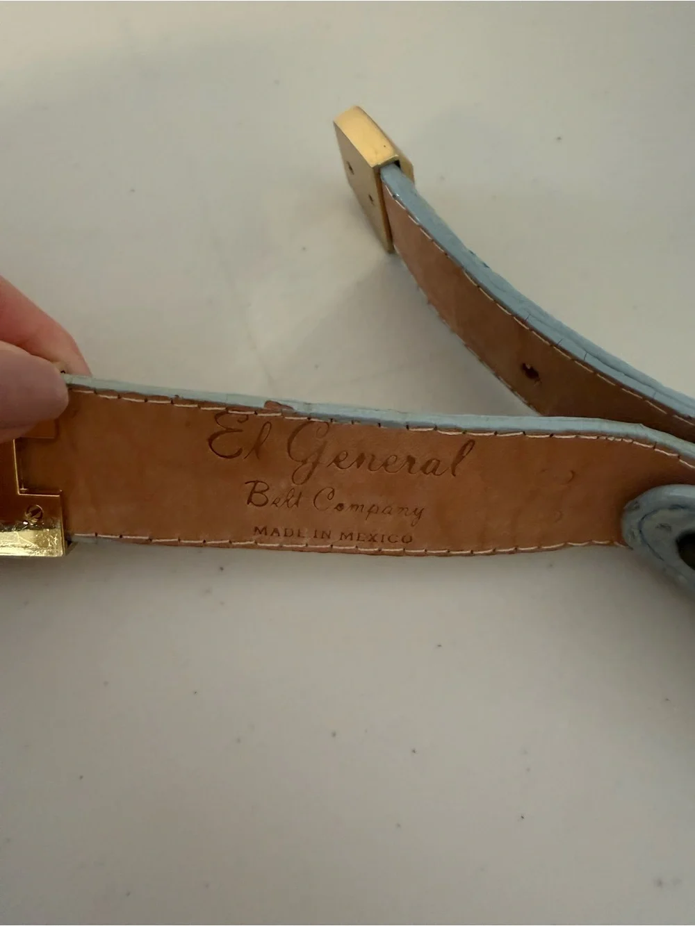 El General Belt Company Blue Genuine Ostrich Leather Gold Medusa Hardware Belt